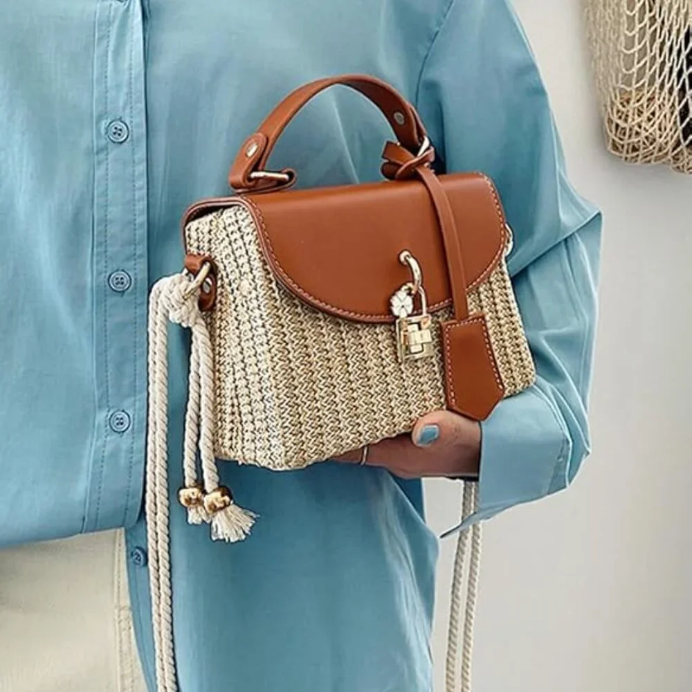 Neiman Marcus Brown Natural Woven Floral Straw Box Bag - Picture 6 of 6